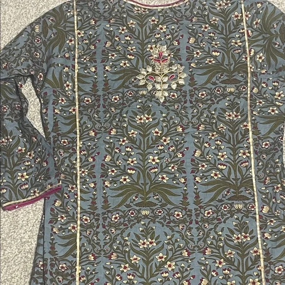 Maison Shefali Hand Block Print Dress - Small - Blue/White/Green Floral - Picture 11 of 11